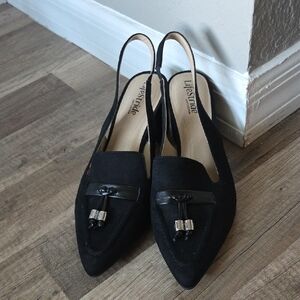 Life Stride Black Pointed Slingback Loafer Style Block Heels with Tassel Accent